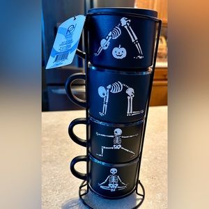 Prima Designs Skeleton Yoga Stacked Coffee Mugs W/Black Holder Nama-Stay Scary